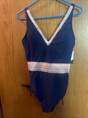 V-Neck Navy One-Piece Swimsuit with Pink & White Trim